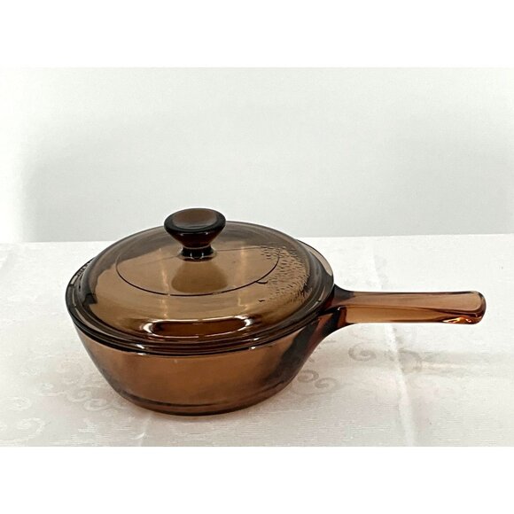 Vintage Corning Visions Amber Glass Saucepan With Lid .5 Liter - Picture 1 of 5